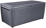 Keter Sumatra Auflagenbox, Kissenbox für draußen, 511 L, wetterfest, Deckel mit Gasdruckfeder, Außenmaße:145x73x64 cm, Sitzgelegenheit für 2 Personen, Graphit