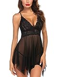 Lucyme Sexy Negligee Dessous Damen Spitze Babydoll Lingerie Set Unterwäsche Nachtkleid Unregelmäßiger Hem Reizwäsche mit G-String Sleepwear