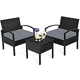 GOPLUS 3-teiliges Polyrattan Gartenmöbel Set, Rattan Sitzgruppe mit 2 Rattanstühlen&Rattantisch mit Glasplatte, Gartenlounge Set mit Sitzkissen, für Terasse Outdoor Balkon Garten, Schwarz