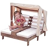 KidKraft Outdoor Doppelliege mit Dach aus Holz für Kinder, Gartenliege für 2 Personen, Sonnenliege mit Kissen Weiß Beige gestreift, Gartenmöbel für Kinder, 00524