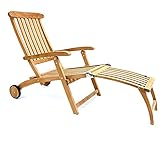 Garland Deckchair Bari Rollen Lehne Verstellbar Teak Holz SVLK Zertifiziert Fußablage Klappbar Liegestuhl Gartenliege Sonnenliege