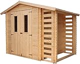 TIMBELA Gartenhaus Holz Mit Brennholzschuppen M386C - Geräteschuppen Holz B272xL206xH218 cm/ 3,53 + 0,97 m2 Lagerschuppen - Fahrradgarage Holz Wasserfestes Dach