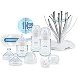 NUK Nature Sense Glasflaschenset | 0–6 Monate | 3 Babyflaschen | 2 Trinksauger | Flaschenbürste | Trockenständer | Genius Schnuller | weiß | 8-teilig