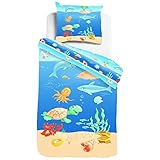 ESPiCO Kinderbettwäsche Sleep and Dream Lustige Meerestiere Fische Delfin Schildkröte Strand Renforcé, Größe:135 cm x 200 cm