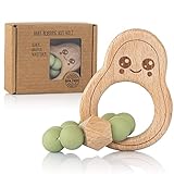 Avocado Beißring für Baby Natur Holz mint-grün - Kauspielzeug, Zahnungshilfe, Rassel mit Silikon-Kette - Babyspielzeug Beissring & Greifring Geschenk zur Geburt - Holzspielzeug BPA-frei schadstofffrei