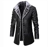 SKYWPOJU Herren Vintage Ledermantel Herren Schwarz Lange Kunstlederjacke Winter Pu Mantel mit Pelzkragen (Color : Black, Size : L)