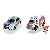 Dickie Toys - Audi RS3 – 15 cm großes Polizeiauto mit Straßensperre und Pylone & Medical Responder – 30 cm großer Rettungswagen mit Trage, Licht und Sound, Heckklappe zum Öffnen, Spielzeugauto