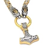 Halsketten Männer, Herren Viking Wolf Mjölnir Edelstahl Königskette Halskette, Nordic Men Keltischer Knoten Thors Hammer Anhänger, Mode Punk Amulett Nordischen Heidnischen Schmuck (Farbe: Gold, Größ