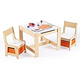 VONLUCE Kindertisch mit 2 Stühlen Kindersitzgruppe Holz Kindertruhenbank für Kinderzimmer Maltisch Kinderstühlen mit 2 Aufbewahrungsboxen 3-teiliges Set Kindermöbel für Malen Lesen Essen Spielen