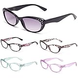 E & R Elegant Rabbit 5 Stuks Cateye Lesebrillen für Damen Anti-blaues Licht Federscharniere Rahmen Lesehilfe Strassstein Lupen Brille Sehehilfe (5er-Pack, 1.5, diopters)