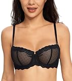 Lemorosy Damen Balconette BH Floraler Durchsichtig Spitze BH Bügel Push Up Ungepolster BH(Schwarz,85C)