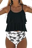 Beachsissi Tankini Badeanzug Stripe Print High Waisted Tummy Control 2-Teiler Badeanzug (L, Blatt)