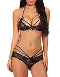 Goldwid Damen Sexy Dessous Set Riemchen Spitzen BH und Tanga für Babydoll Ungefüttert Bralette Nachtwäsche Erotik Reizwäsche, Schwarz, M