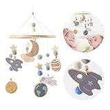 Promise Babe Mobile Baby Windspiele mit Filzbällen Mond Sterne Babyzimmer Holz Gehäkelt Mobile Baby Neugeborene Jungen Mädchen Bettglocke Anhänger zum Aufhängen Babybett Kinderbett Wickeltisch Deko