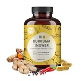 BIONUTRA® Kurkuma Ingwer Komplex Kapseln Bio (240 x 650 mg) mit schwarzem Pfeffer und Chili, hochdosiert, deutsche Herstellung, 2-Monatspackung, vegan, ohne Zusätze, goldene Milch Kapseln