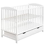 Gitterbett Babybett 2in1 60x120 mit Schublade Schlupfsprossen und Lattenrost Höhenverstellbar Umbaubar zum Juniorbett für Mädchen und Junge - Weiß