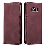 EYZUTAK Hülle für Samsung Galaxy S8, Magnetverschluss Premium PU Leder Flip Case mit Kartenfächern Brieftasche Standfuntion stoßfeste Silikonhülle Retro Ledertasche - Weinrot