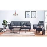 Gozos Mammo Sitzgruppe 3 Sitzer Sofa + Sessel + Ottoman | Hochwertige Set besteht aus Leinenstoff | Wohnzimmermöbel Dekorative Sitzgruppe mit Holzbein Schlafsofa, Relaxsessel und Pouf | Anthrazit