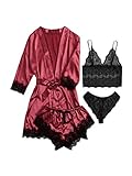 DIDK Damen 4 Stücke Sets Morgenmantel Kimono Dessous Set Satin Pajama Spitze Robe BH und Unterhose für Braut Nachtwäsche Sexy Babydoll Reizwäsche Rot Schwarz S