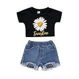 2 Stück Kleinkind Kinder Baby Mädchen Kurzarm Sonnenblumenmuster T-Shirt Top + Jeans Sommershorts Outfits