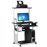 Yaheetech Schreibtisch mit Druckerregal Computertisch schwarz PC Tisch mit 4 Rollen 80 x 50 x 132 cm