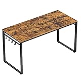 VASAGLE Schreibtisch, Computertisch, Bürotisch mit 8 Haken, 140 x 60 x 75 cm, Arbeitszimmer, Homeoffice, Büro, einfacher Aufbau, Metall, Industrie-Design, vintagebraun-schwarz LWD59X