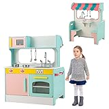 GOPLUS 2 in 1 Kinderküche Set, doppelseitiges Rollenspiel Set, Holzspielküche mit Spüle & Wasserhahn, Spielküche mit Herd, Ofen, Mikrowellenofen, Esstisch und Stühle, Kinderspielküche, Blau