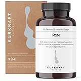 Kurkraft MSM (365 vegane Tabletten) - 2000 mg Methylsulfonylmethan (MSM) je Tagesdosis - ohne Zusatzstoffe (Stearat etc.) - hochdosiert - deutsche Produktion