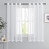 PONY DANCE Voile Gardinen Weiss Transparent Ösenvorhang 2er Set H 160 x B 140 cm Wohnzimmer Gardinen Kurz Halbtransparente Vorhänge Weiss Vorhang Leinenoptik