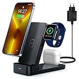 Wireless Charger 3 in1 QI induktive Ladestation Faltbar Tragbar Kabelloser Ladegerät mit Fast Adapter,15W Max Ladestation Apple Watch und iPhone 12 Pro Max/12 mini/11/X,AirPods,Samsung Huawei