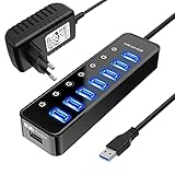 USB Hub Aktiv 3.0 mit Netzteil, 7 Ports USB 3.0 Hub aktiver Datenhub mit Schalter und 1 Intelligenter Charging Port und 20W(5V/4A) Netzteil Adapter