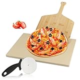 Einfeben Pizzastein für Backofen, inkl. Bambus Pizzaschaufel und Pizzaschneider, Pizzastein Rechteckig aus Cordierit, Backstein 30 x 38 x 1,5 cm für Brot Flammkuchen Pizza