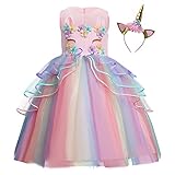 NNJXD Mädchen Kleid Kinder Rüschen Spitze Party Brautkleider Größe (130) 5-6 Jahre Blume 778 Rosa