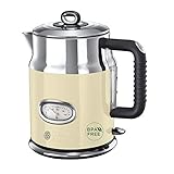 Russell Hobbs Wasserkocher [1,7l, 2400W] Retro Creme & polierter Edelstahl (Schnellkochfunktion, Wassertemperaturanzeige im Retrodesign, außenliegende Wasserstandsanzeige) Vintage Teekocher 21672-70