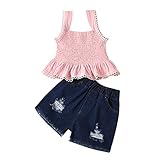 Kinder Baby Mädchen Jeansshorts Set Off Schulter Rüschen Tank Top Shirt Zerrissene Jeans Shorts 2Pcs Kleinkind Sommerkleidung Outfits