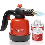 EVOCAMP Gasbrenner Klein 1,3 kW, Flambierer Küchenbrenner, Lötlampe mit Piezozündung, Bunsenbrenner für die Küche, Grillanzünder, Max. Temperatur 1300°C, mit 4 Stück 190g Gaskartuschen