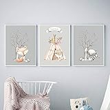 Bild auf Leinwand - Bilder Schlafzimmer, 3 Stück Blume Tier Leinwand Malerei Waldtiere Poster Nordic Fuchs Hirsch Zelt Bild Babyzimmer Wandkunst Bilder Kinderzimmer Drucke - 16x20inch Kein Rahmen