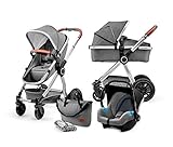 kk Kinderkraft Kinderwagen 3 in 1 VEO, Kinderwagenset, Kombikinderwagen, Buggy, Autositz, Zubehör, Travel System, Zweistufige Federung, Große Räder, Einfaches Zusammenklappen, Grau, 1 Stück (1er Pack)