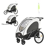 HOMCOM 3 in 1 Kinderanhänger Aluminium Kinder Jogger Fahrradanhänger Radanhänger für 2 kinder mit Fahne Weiß+Schwarz