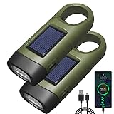 WOLAFOO Taschenlampe Led Aufladbar 2PCS, Taschenlampen Kurbel mit USB Handy Ladefunktion, Solar Taschenlampe mit Wanderschnalle, Dynamo Taschenlampe für Camping, Wandern, Ausfälle Notfälle