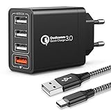 JOOMFEEN USB Ladegerät mit Type C Ladekabel,Quick Charge 3.0 30W/6A USB Ladeadapter mit 4 Ports Schnellladegerät USB Netzteil Mehrfach Ladestecker für Samsung Galaxy S20/S10/S9/S8/Note,Huawei,XiaoMi