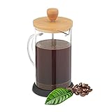 Relaxdays Kaffeebereiter, manuelle Stempelkanne, Siebeinsatz, 600 ml, Glas, Bambusdeckel, Teebereiter, transparent/Natur