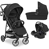 Hauck Kombi Kinderwagen Rapid 4R Plus Trio Set / XL Sonnen Verdeck UPF 50+ / Baby Wanne inkl. Matratze / Autositz / Getränke Halter / Schnell Faltbar / Höhenverstellbar / Bis 25 kg / Schwarz