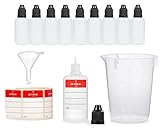 10 x 30 ml Tropfflaschen mit Trichter + Messbecher + Etiketten, z.B. für Liquids + Flüssigkeiten, LDPE Plastikflaschen, Liquid Dosierflaschen, Tropfflaschen bzw. Quetschflaschen + schwarze Deckel