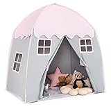 COSTWAY 143 x 100 x 155 cm Spielhaus für 2-3 Kinder, Prinzessin Prinzess Kinderzelt, Kinderspielzelt mit Fenstern und doppeltem Vorhang, Spielzelt In- & Outdoor (Rosa)