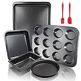 TANOSAN 5 Stück Antihaft Backblech-Set, Backformen-Set mit Kastenform, Quadratische Form, Pizza Backblech, Tortenform, 12 Muffinförmchen, Stapelbares Backblech Zum Kochen (Schwarz)