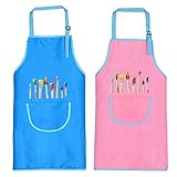 Malschürze Kinder, 2 Stück Kinder Schürzen Set mit Taschen, Kochschürze Kinder Jungen Mädchen, Verstellbare Kleinkind Kochschürze für Basteln Malen Backen Kochen, Pink und Blau (8-12 Jahre)