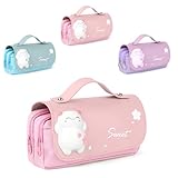 Federmäppchen mit 3 Fächern, Kawaii Mäppchen Mädchen, Rosa Bleistiftbox, Federmappe, Federtaschen, Süße Kätzchen Schreibwarenbeutel, Schule Teenager Geschenk, Schule Büro Große Kapazität Pencil Case