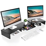 FITUEYES Dual Monitorständer Bildschirmständer aus Holz mit Schublade Länge und Winkel Einstellbar Monitor Stand für Computer TV Laptop 92,5-108x23,5x10,2 cm Schwarz