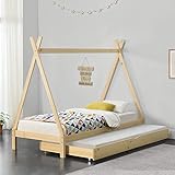 [en.casa] Kinderbett mit Ausziehbett 90x200cm Tipi Indianer Bett Kojenbett Gästebett Hausbett Kinder Haus Natur Holz